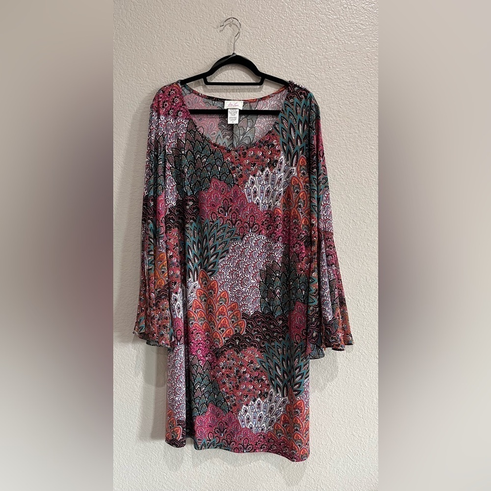 Ivy Lane Floral Paisley Multi Color Bell Sleeve Dress Midi Boho Size 2X TC0558